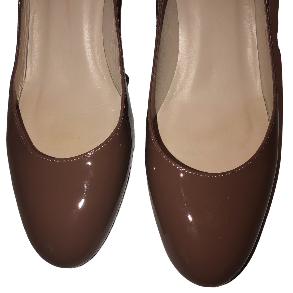 L.K. Bennett London Toffee Brown Patent Leather Courts Pumps Round Toe